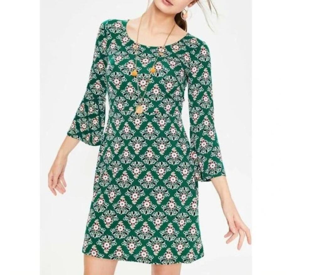 Boden Womens Miriam Jersey Dress 18L Green Floral Scoop Neck Bell Sleeve Stretch